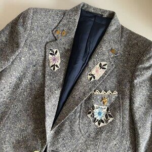 Vintage Bijan Beverly Hills Italian Made Blue Tweed Embroidered Blazer Jacket